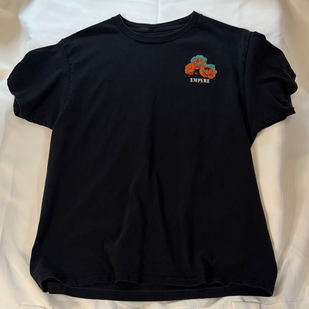 Empyre Black Tee with Orange & Teal Rose Chest Graphic -110sku